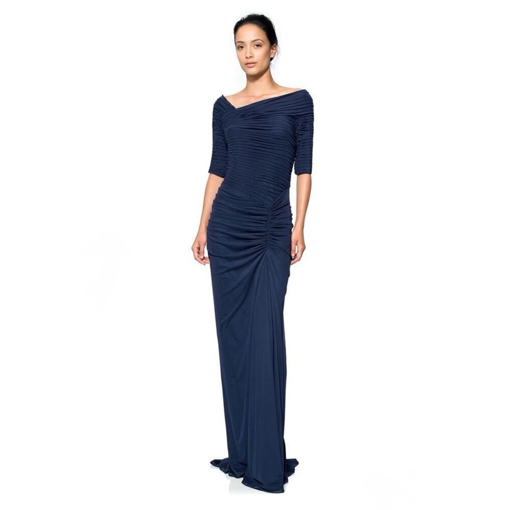 Tadashi Shoji Asymmetric Ruched Sleeve Gown Sz XS